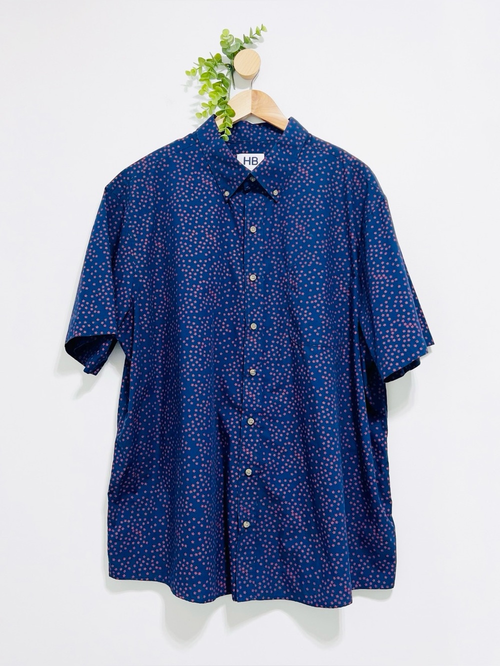 HB Harbor Bay Navy Floral Button Down Casual Short Sleeve Shirt